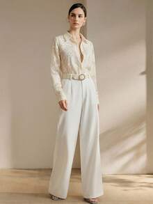 Spring/Summer New Delicate Floral Embroidery & Beaded Decoration Symmetrical Applique Women Long Sleeve Blouse - Beige - View 5