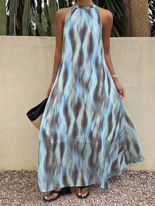 Livesso 女士夏季度假印花吊带中长连衣裙 - 藍色 - 查看 4