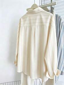 Women's Casual Commuter Striped Front Button Down Long Sleeve Shirt - Apricot - View 2