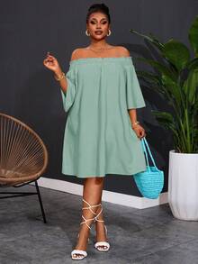 Slaydiva Plus Size Women's Off Shoulder Elegant Commute & Vacation A-Line Dress Fall - Green - View 5