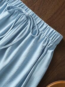 Franclia Pantalon décontracté ample à nœud de couleur unie pour femmes - Bleu azur - Voir 5