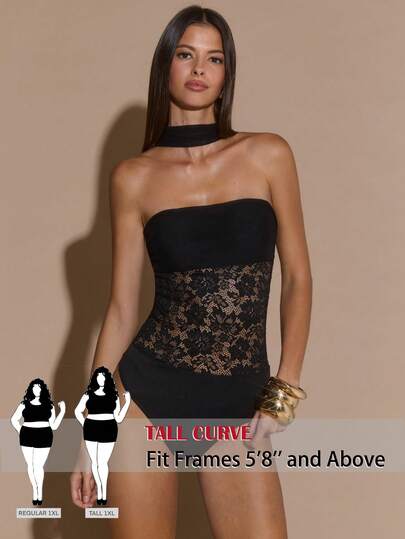 SHEIN Tall CURVE Áo liền thân cổ yếm ren tương phản dành cho nữ cỡ lớn