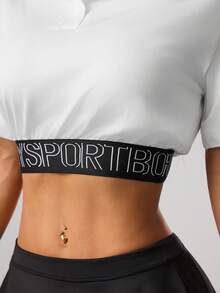 Easithlete Women's Fashion Minimalist Letter Print Contrast Color Cropped Sports Polo Shirt,Black And White,Summer,Casual,Golf Y2k Gym Cover Up Graphic Crop Top - White - View 6