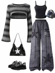 SHEIN 3 Stücke/Set für Teenager Mädchen: Farbverlauf gestreifter Fledermausärmel Cover-Up, einfarbiges Trägertop und Jeans mit Sternendruck und Destroyed-Effekt, Retro-Chic Straßen-Stil - Schwarz - Übersicht 3