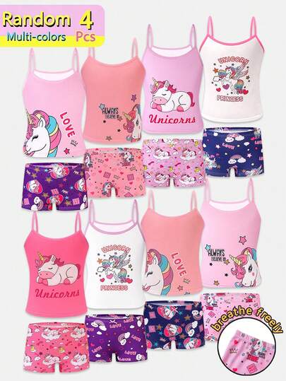 4pcs/Set Young Girl' Cute Carousel Unicorn Print Comfortable Camisole Top And Panty Briefs Set Girls Short Setsgirls Underwear Sets