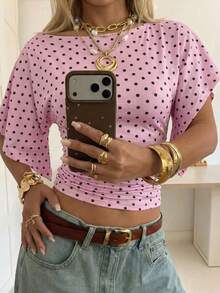 SHEIN EZwear Women's Contrast Polka Dot Print Short Sleeve Top - Pink - View 7
