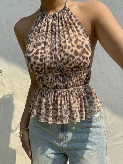 SHEIN SXY Plus Size Women Leopard Print Halter Backless Sleeveless Sexy Top