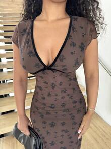 Alexandranx Women's Elegant Floral Print Mesh Midi Dress, Summer ,Fall Wedding Guest Dress - Brown - View 6