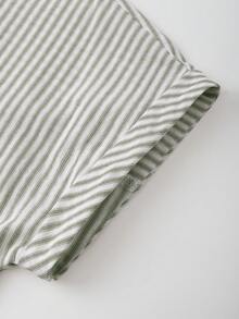SHEIN Franclia Vintage Striped Short Sleeve Shirt, Fashionable For Commuting In Summer - Army Green - View 6