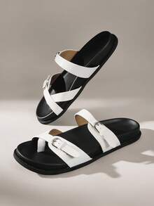 Solecia Sandalias planas cómodas para caminar en casa o al aire libre, con hebilla de dos palabras, de estilo sencillo para damas en primavera y verano - Blanco - Ver 6