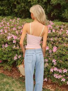 Sydney Algeri Áo hai dây đan vá ren thường ngày dành cho nữ, Thu/Đông - Hồng - Xem 2