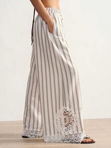 Bohemela 女士休闲条纹宽松直筒裤 - 白色 - 查看 3