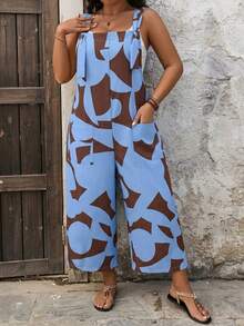 EMERY ROSE Plus Size Women Geometric Print Drawstring Pocket Decor Straight Leg Jumpsuit - Multicolor - View 4