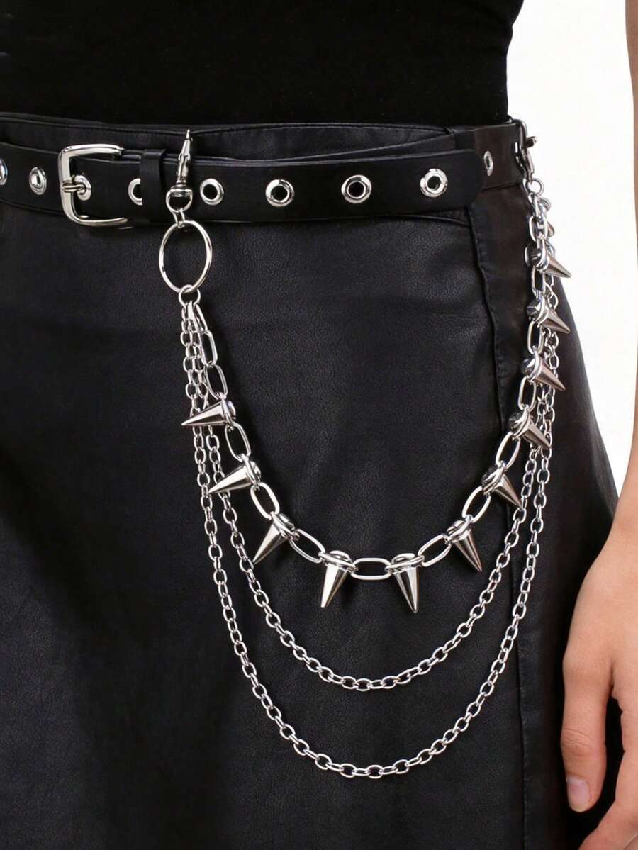 ROMWE Goth Bộ 2 dây đai/xích eo kết hợp, phong cách punk với khoen mắt cáo, thiết kế retro, đinh tán hợp kim nhiều lớp, dây xích đai trang trí - Bạc - Xem 1