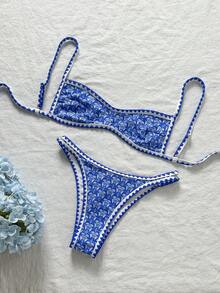 Swim Mod Women's Beach Outfit, Sweet Ditsy Floral, Fashionable Casual Resort Wear, Cute & Sexy, Micro Bikini Swimwear Set - Blue and White - View 2