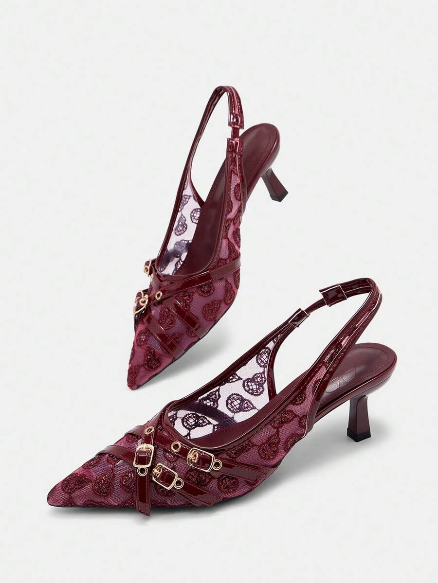 CUCCOO CURVES Wider Width Pointed Toe High Heel Elegant Black Satin Backstrap Sandals All Seasons Spring Shoes Spring Break Easter For Christmas Valentine's Day - Burgundy Lace - View 1