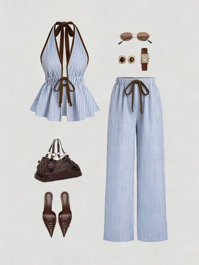 GlowEve Women's Casual Vacation Striped Tie-Up 2 Pieces Set, Spring/Summer