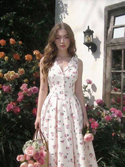 SHEIN MOD Vintage 70s Floral Print Midi Dress With Peter Pan Collar, Button Front, And Fitted Waist – Apricot, Women's Summer And Spring Dress For Date, Party, Spring Break, Vacation, Picnic, Festival, Birthday Beach Dresses Wedding Guest Dress For Women Wedding Party Dress Graduation Dress Vacation Outfits Women Holiday Dresses Country Concert Outfit