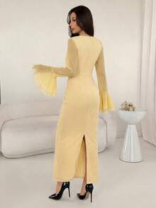 Modelyn Women's Elegant Pale Yellow Summer Party Dress,Rhinestone Flower&Pearl Beaded Chiffon Long Sheer Flared Bell Sleeve Maxi A-Line Formal Prom Dresses - Yellow - View 2