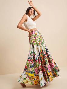 LOTSLUV Falda plisada con estampado floral tropical en toda la prenda, adecuada para vacaciones de primavera/verano - Multicolor - Ver 5