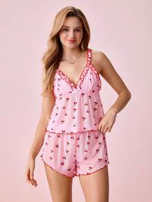 Cherry Print Ruffled Strap Top & Shorts Loungewear Set - Pink - View 3