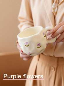 1 pieza Taza de cerámica con estilo Ins, pintada a mano con cerezas y fresas, Body con relieve asimétrico, taza de café para el desayuno, taza de agua de escritorio femenina, taza de té de la tarde, taza de té roja, taza de agua de gran capacidad, taza de café - Multicolor - Ver 9