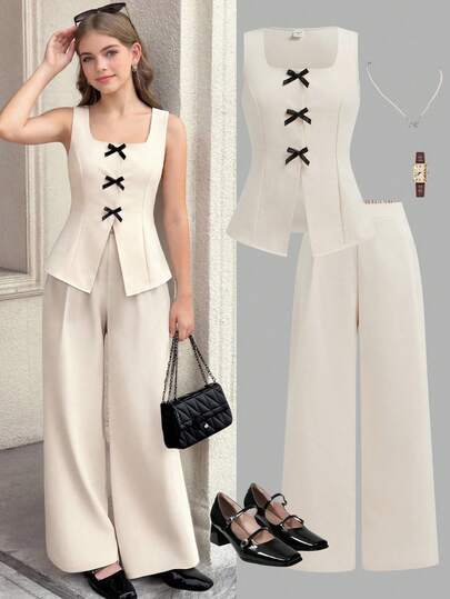 Girlism Conjunto casual y elegante de niña adolescente con camiseta de tirantes con lazo y contraste de color, y pantalones de pierna ancha con abertura en el bajo, adecuado para primavera y verano, conjunto de 2 piezas