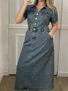 Dazy Plus Đầm maxi denim ngắn tay màu xanh đậm ôm sát, trang phục denim mùa hè. - Rửa trung bình - Xem 1