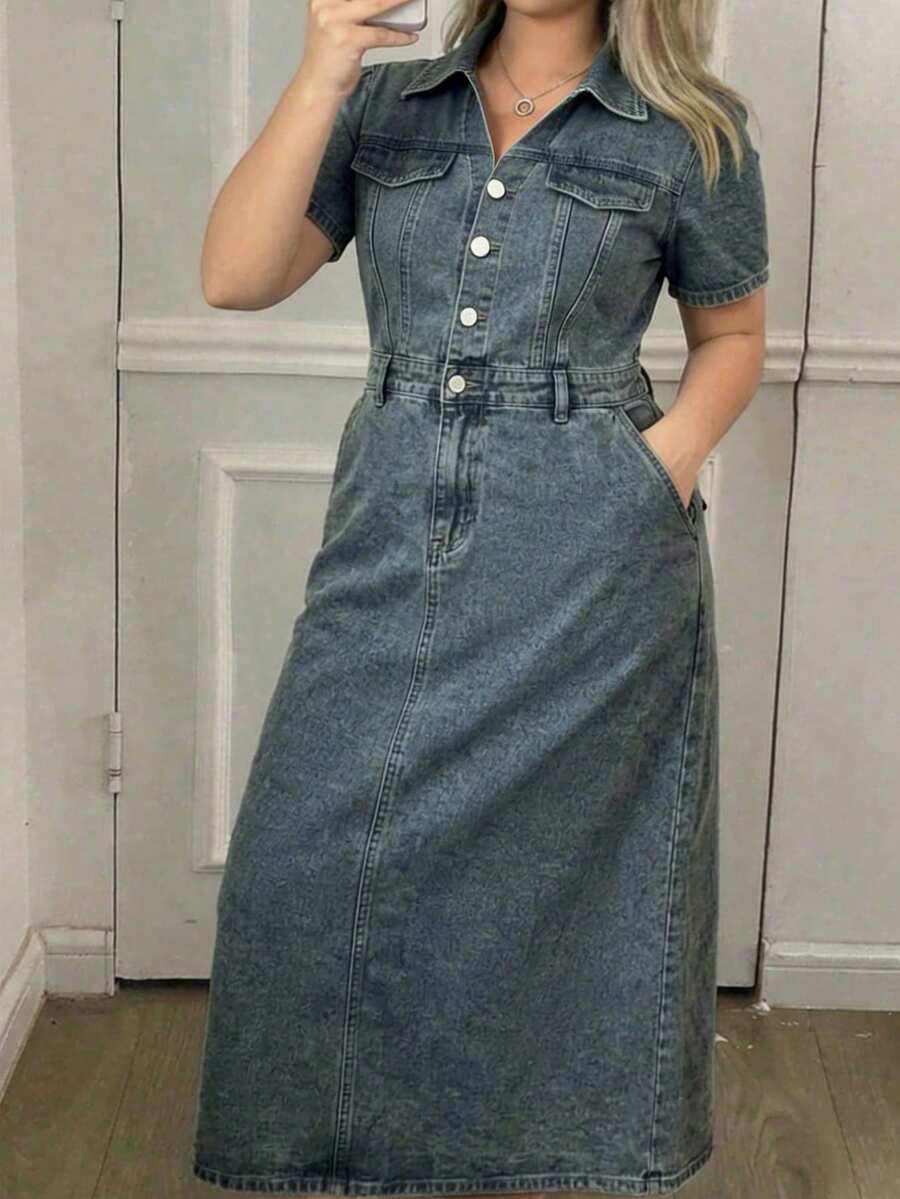 Dazy Plus Đầm maxi denim ngắn tay màu xanh đậm ôm sát, trang phục denim mùa hè. - Rửa trung bình - Xem 1