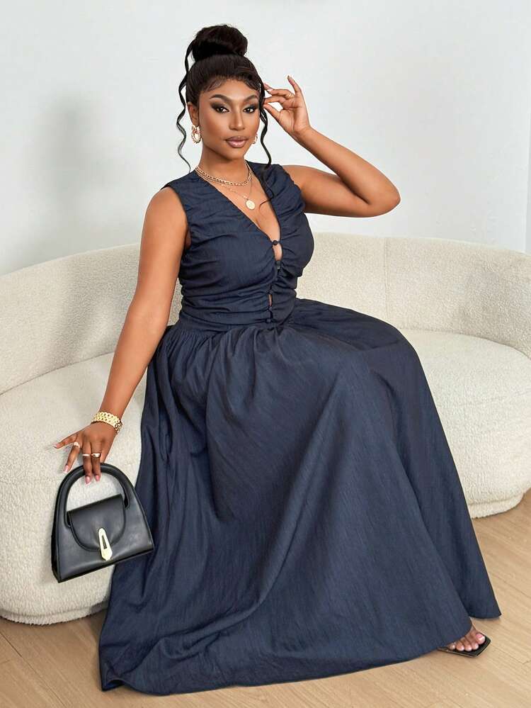 Dazy Plus Spring & Summer Blue Cropped Camisole Top With Hollow-Out Deep V-Neck, A-Line Skirt 2-Piece Set, Casual Office Commuter Outfit For Plus Size Women Lounge Sets For Women