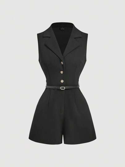 SHEIN MOD Vintage Black Short Jumpsuit With Suit Collar And Belt, Elegant Jumpsuit, Going Out Jumpsuit, Western Jumpsuit,Holiday Outfits