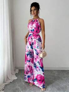 Elenzga Bộ jumpsuit nữ thanh lịch không tay, dây mảnh, xếp ly, thắt eo, họa tiết hoa. - Nhiều màu - Xem 6