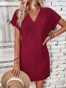 EMERY ROSE Women's Summer Casual Vacation Solid Color Textured V-Neck Batwing Sleeve Dress - Red - View 4