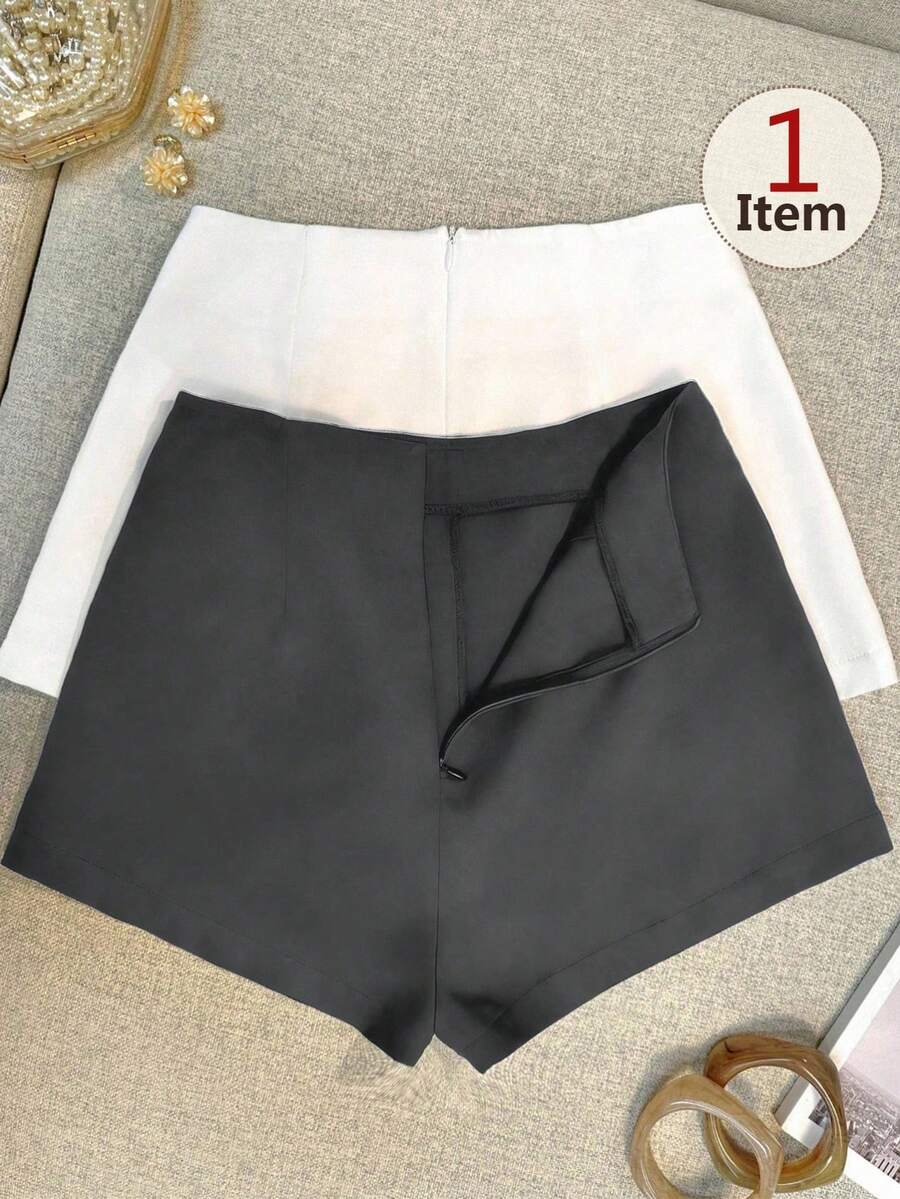 Women's Solid Color Zipper Front Casual Versatile Shorts - Dark Grey - View 1