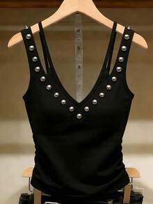 GlowEve Women's Summer Street Rivet Detail V-Neck Camisole - Black - View 5