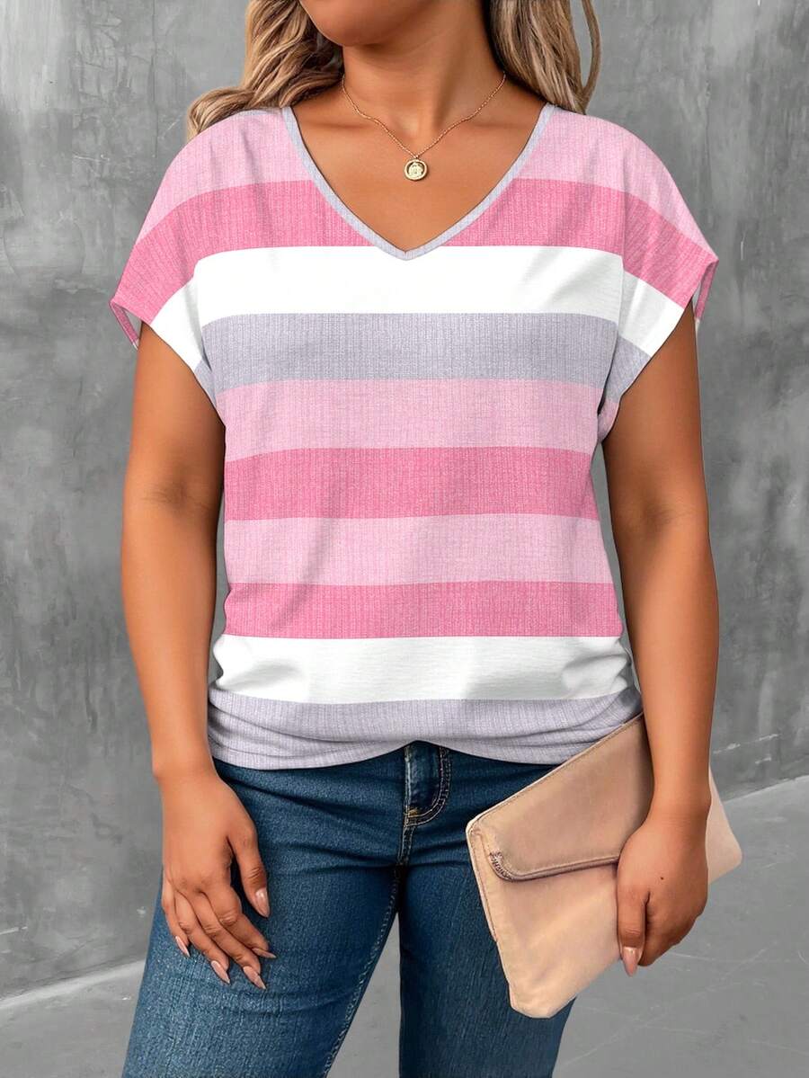 EMERY ROSE Plus Size Women Colorblock Striped Pattern Batwing Sleeve V-Neck T-Shirt - Multicolor - View 1
