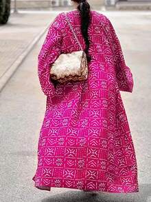 1pc Elegant Long Sleeve Coat - Polyester Fashion Versatile Long Outwear, All-Over Printed, Casual Loose Fit, Suitable For All Seasons Fall Winter Cloth For Women - Hot Pink - View 2