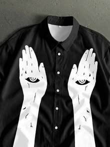 Manfinity Roghcode Men's Fashionable Allover Print Front Button Short Sleeve Casual Summer Shirt - Black - View 2
