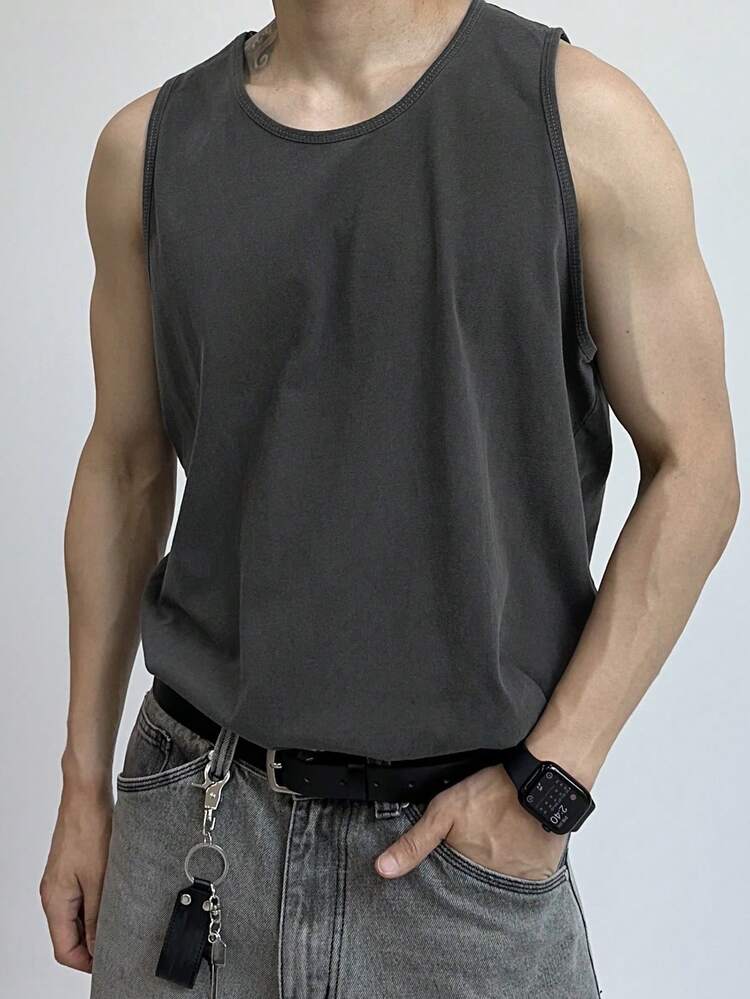 Men's Solid Color Loose Fit Crew Neck Tank Top, Summer