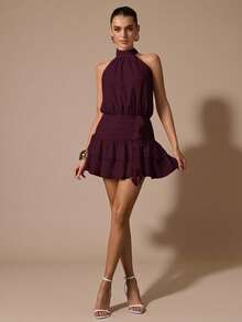SHEIN BAE Elegant Burgundy Summer Sleeveless Ruffle Hem Fitted Mini Sundress,Women's Sweet Cute Dress For Dates,Parties,Weddings,Bar Party & Birthday - Maroon - View 7