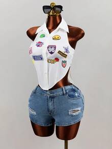 Mistrie Áo kiểu nữ mùa hè in họa tiết, kiểu dáng giản dị, gợi cảm, hở lưng, buộc dây. - trắng - Xem 3