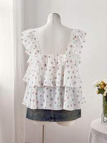Sweetra Áo kiểu mùa hè tay ngắn cổ vuông họa tiết hoa nhí xếp lớp viền bèo nhún, chất liệu chiffon nhẹ nhàng. - Màu be - Xem 3