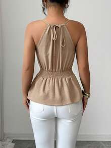 Elenzga Camiseta de tirantes ajustada y elegante de color verde para uso diario con decoración de cuentas de madera y diseño con cordón, para primavera/verano - Albaricoque - Ver 2