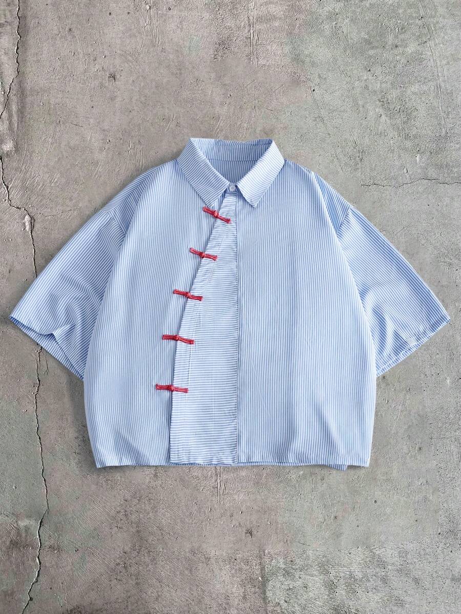 AXEPEAK Men's Striped Button-Down Short Sleeve Casual Shirt - Blue and White - View 1