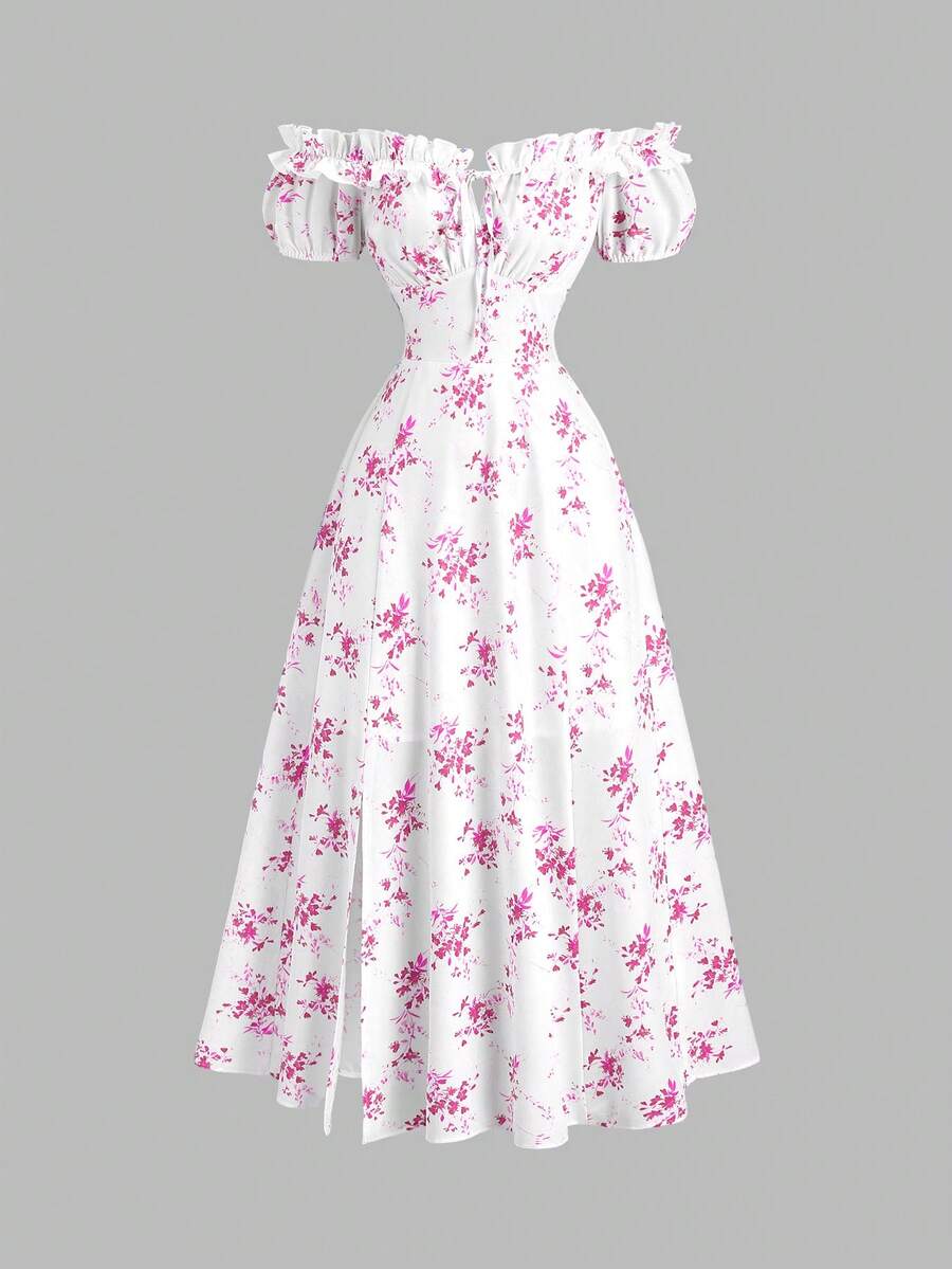 Sweetra Women's Summer Ditsy Floral Off-Shoulder Slit Dress - Pink - View 1