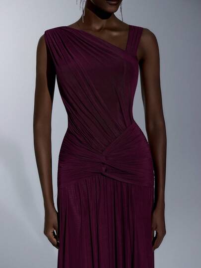 Elitara Elegant Wine Red Elastic Knit Mesh Ruched Bust Twist Waist Fishtail A-Line Dress, Suitable For Dates, Vacations, Singles Parties, Weddings, And All Formal Occasions, Formal Evening Gown