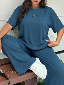 GalTyme 大码浅蓝色圆领短袖上衣和裤子休闲两件套，春夏款 - 霧霾藍 - 查看 1