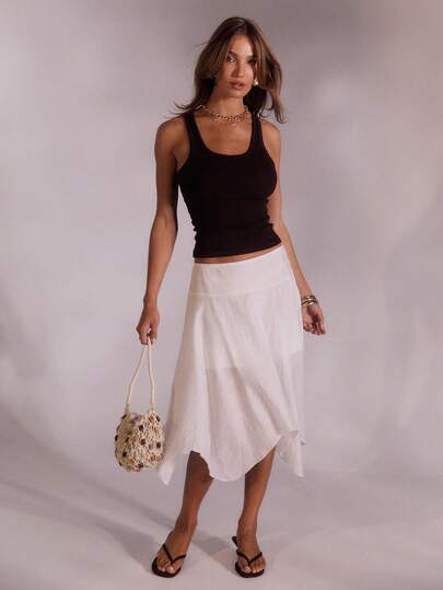 Aralina Wide Waistband Asymmetric Hem Button Down Midi Skirt