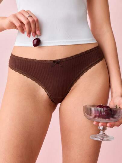 Bonmuse 4条装彩色浪漫蕾丝拼接罗纹女士丁字裤，带可爱蝴蝶结，舒适棉质弹力女士内裤