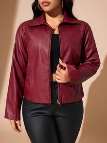 Valentine's Day,Plus Size Women Casual Zipper Front Red Long Sleeve Jacket, For Winter, For Hourglow & Hourglass Body Shape - Burgundy - View 8